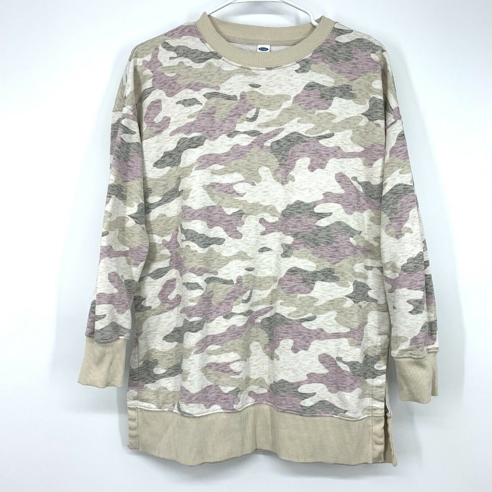 Old Navy Tunic Sweatshirt Camo Beige French Terry Crewneck Top